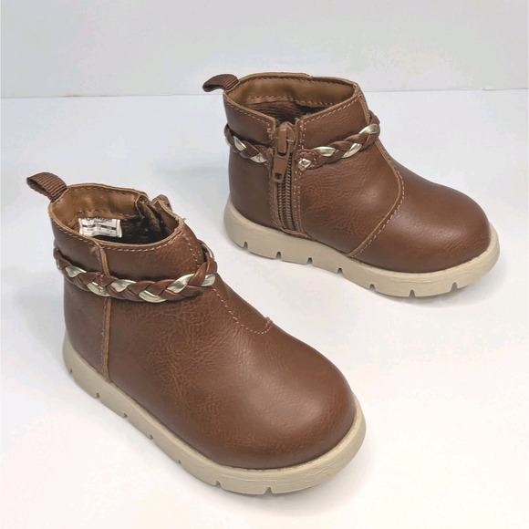 OshKosh B'Gosh Pattie Boots Infant Girl's Size 4M Brown Side Zip Braid Accent - Picture 1 of 6